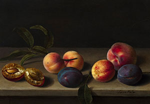 Louyse MOILLON (1610-1696) Pêches, abricots et prunes sur un entablement Huile sur panneau 25,50 x 34 cm  Estimation : 500 000 - 800 000 € 